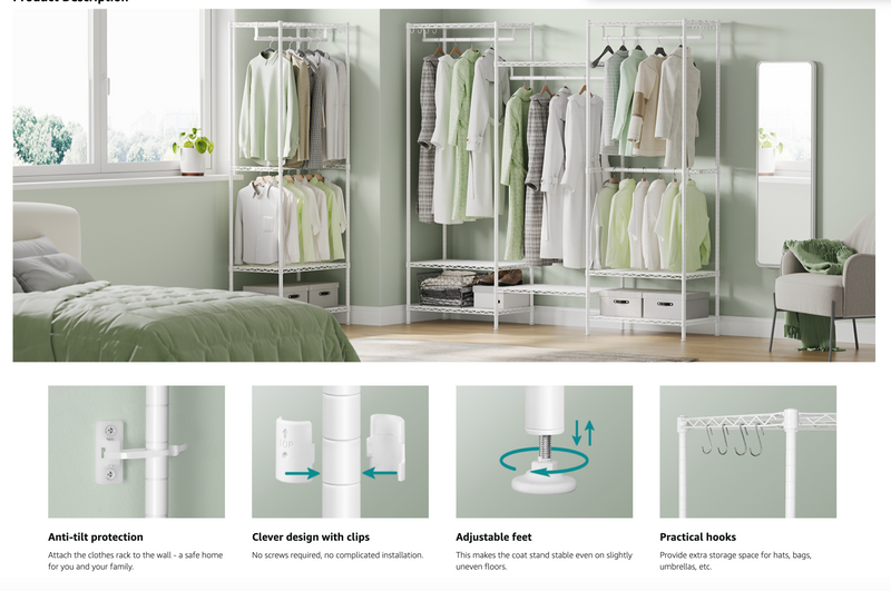 Heavy Duty Open Wardrobe Metal Coat Rack - White