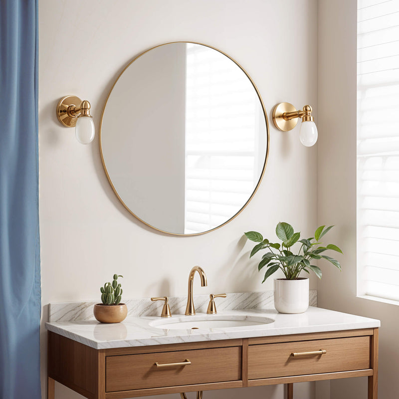 Lifestyle image of Stella Round Mirror. Gold in Bathroom