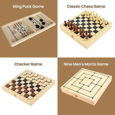 4-in-1 Game Set – Chess, Checkers, Noughts & Crosses, Sling Puck
