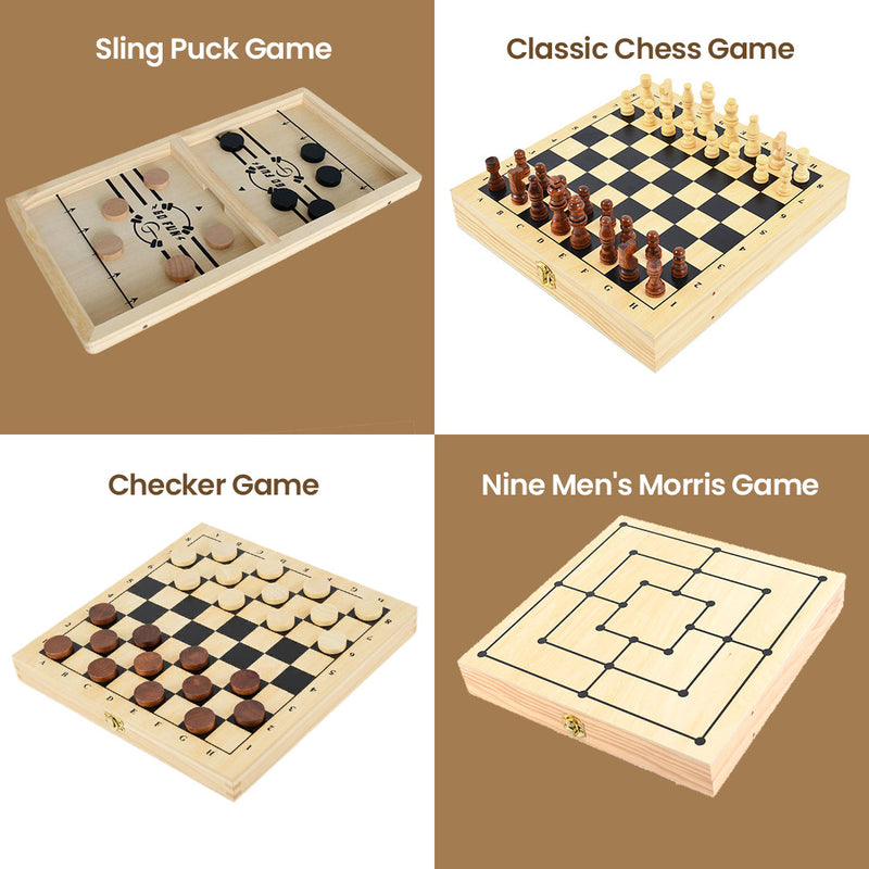 4-in-1 Game Set – Chess, Checkers, Noughts & Crosses, Sling Puck