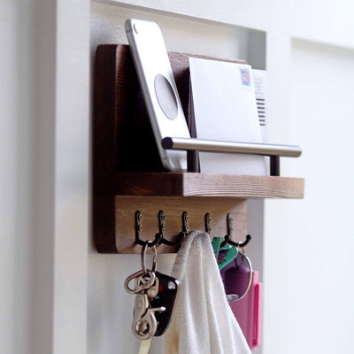 Wooden Wall Key Holder with 5 Hooks & Shelf