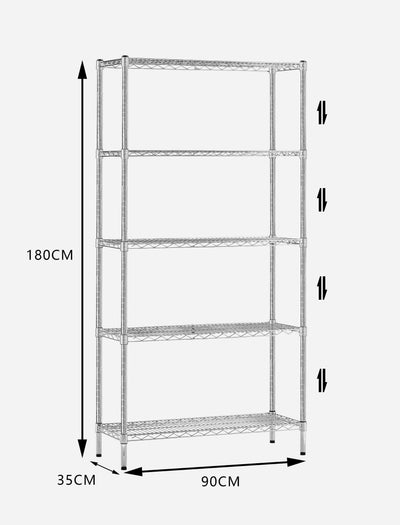 Chrome Wire Storage 5-Tier Shelves 90cm x 35cm x 180cm
