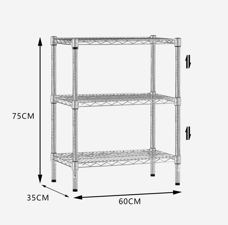 Chrome Wire Storage 3-Tier Shelves 60cm x 35cm x75cm