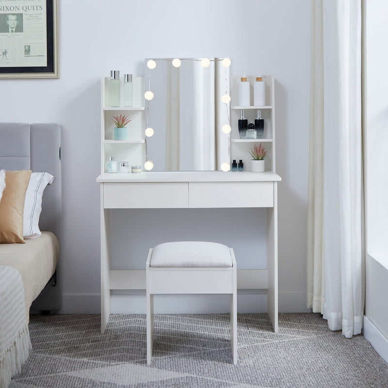 Ruby Dressing Table with LED Lights & Fabric Stool – White