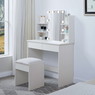 Ruby Dressing Table with LED Lights & Fabric Stool – White