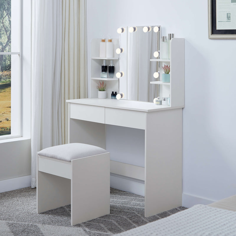 Ruby Dressing Table with LED Lights & Fabric Stool – White