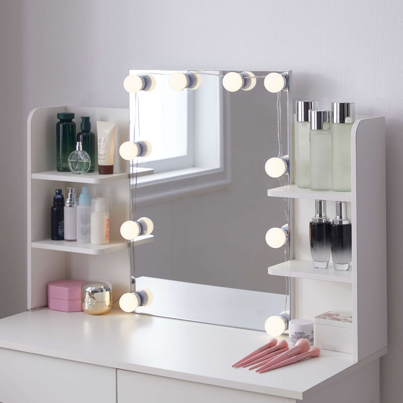 Ruby Dressing Table with LED Lights & Fabric Stool – White