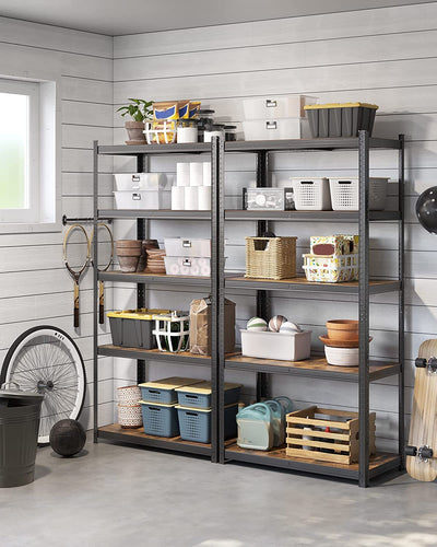 Close-up of the rustic brown finish on Adjustable Garage Storage Shelves