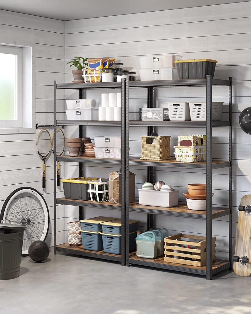 Close-up of the rustic brown finish on Adjustable Garage Storage Shelves