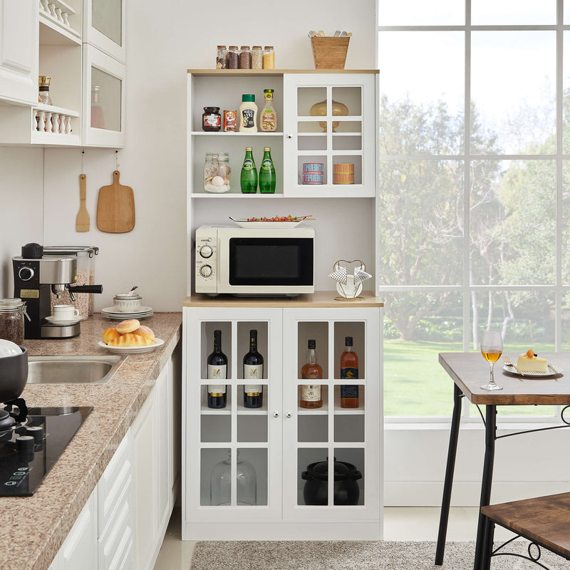 Braylen Pantry Cabinet in white with cabinet doors open, revealing multiple shelves and storage compartments.