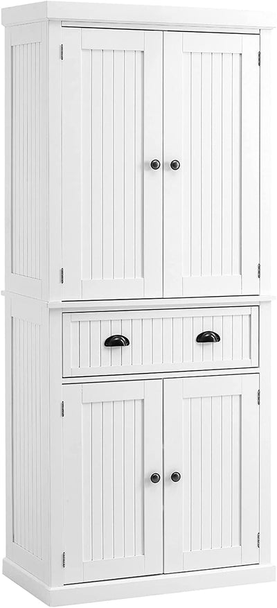 Briana Kitchen Pantry Cabinet in White styled within a modern kitchen setting with kitchen accessories