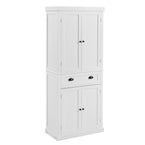 Front view of Briana Kitchen Pantry Cabinet in White with closed doors and chrome handles
