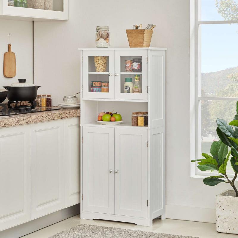 Cantey Pantry Storage Cabinet in white with doors open, showing multiple storage shelves filled with pantry items.