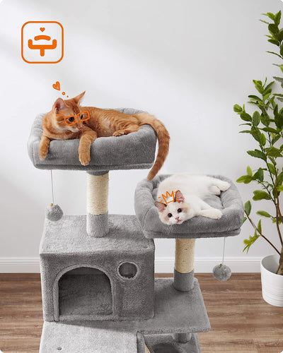 A cat enjoying the 168cm tall Cat Tree in light grey, utilizing the scratch post and lounging on one of the platforms.
