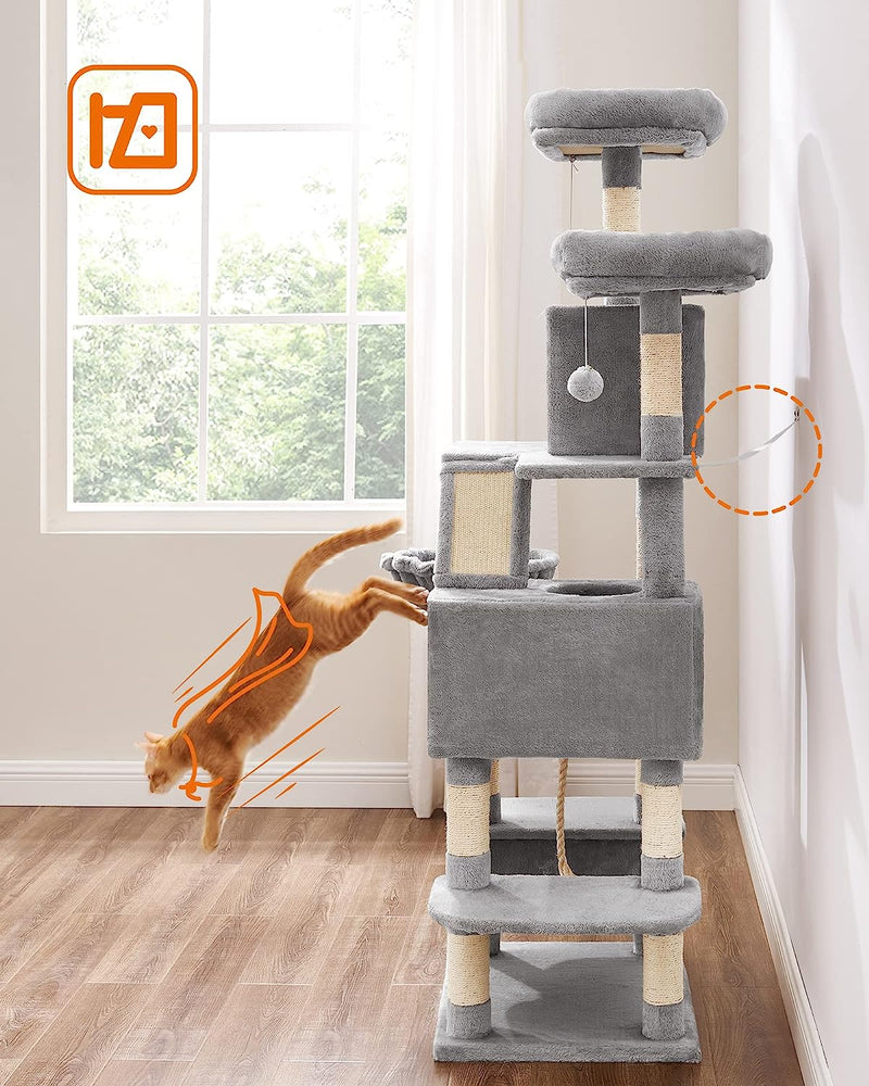 Main view of the 168cm tall Cat Tree in light grey, featuring multiple platforms and a cozy design for feline fun.