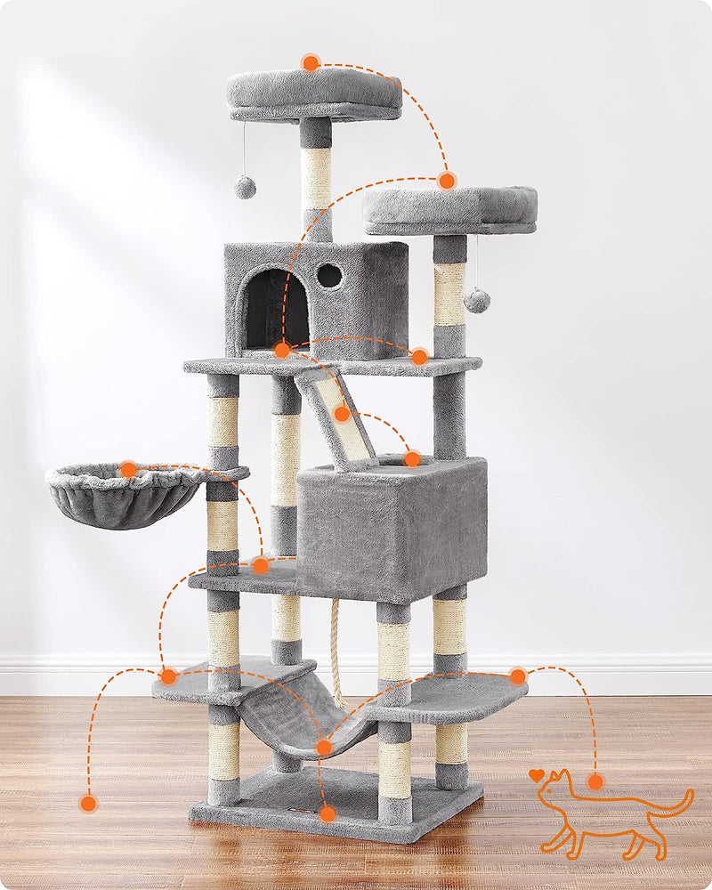 Mid-level platforms of the 168cm Cat Tree in light grey, showing ample space for multiple cats to relax.