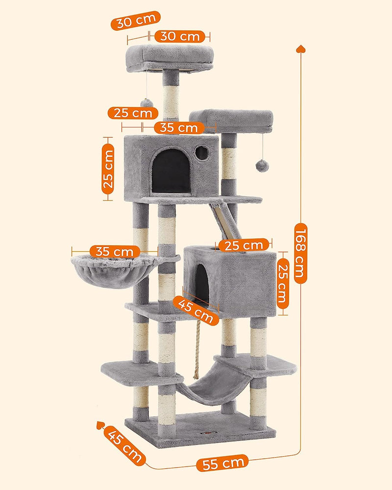 Side view of the light grey Cat Tree, showing all levels from base to top, illustrating its height and stability.
