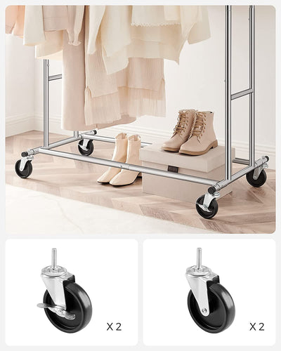 The Heavy Duty Metal Garment Rack fully loaded with clothing, demonstrating its strong load capacity and practicality in a retail setting.