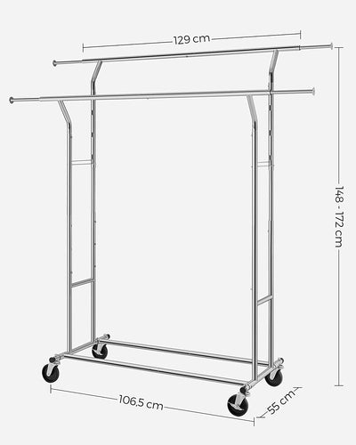 Close-up of the double hanging rails on the Heavy Duty Metal Garment Rack, highlighting the extra hanging capacity.