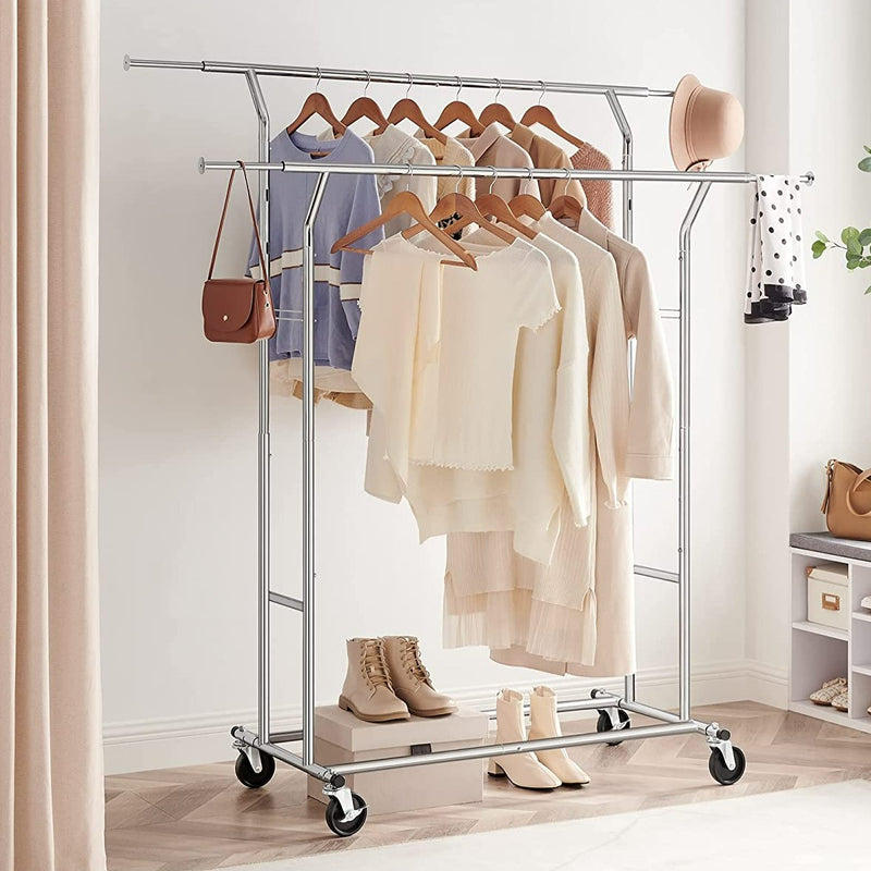 Side view of the Heavy Duty Metal Garment Rack, emphasizing the robust metal construction and stability.