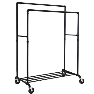 Main view of the Industrial Style Adjustable Double Hanging Rail Garment Rack, showcasing its robust metal frame and versatile design.