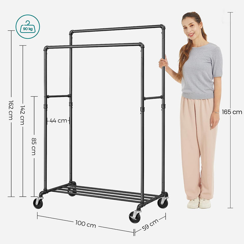 The Industrial Style Garment Rack fully extended, illustrating the maximum height and double rail capacity.