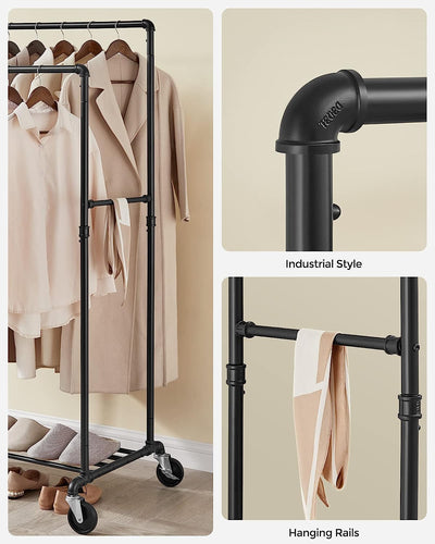 Detailed view of the heavy-duty wheels on the Industrial Style Garment Rack, emphasizing mobility and stability.