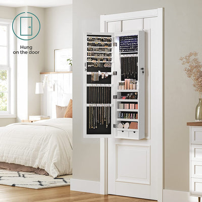 The Jewellery Cabinet with LED Mirror open, revealing the spacious storage for various jewelry pieces and accessories.