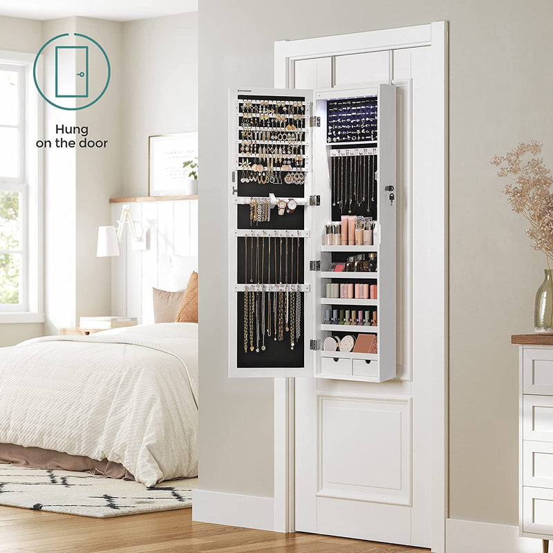 The Jewellery Cabinet with LED Mirror open, revealing the spacious storage for various jewelry pieces and accessories.