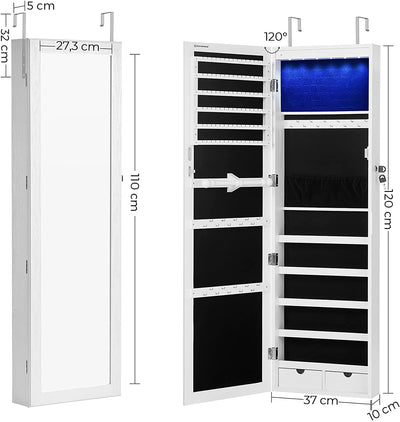 LED lights illuminated on the Jewellery Cabinet Mirror in white, enhancing visibility and adding a luxurious touch.