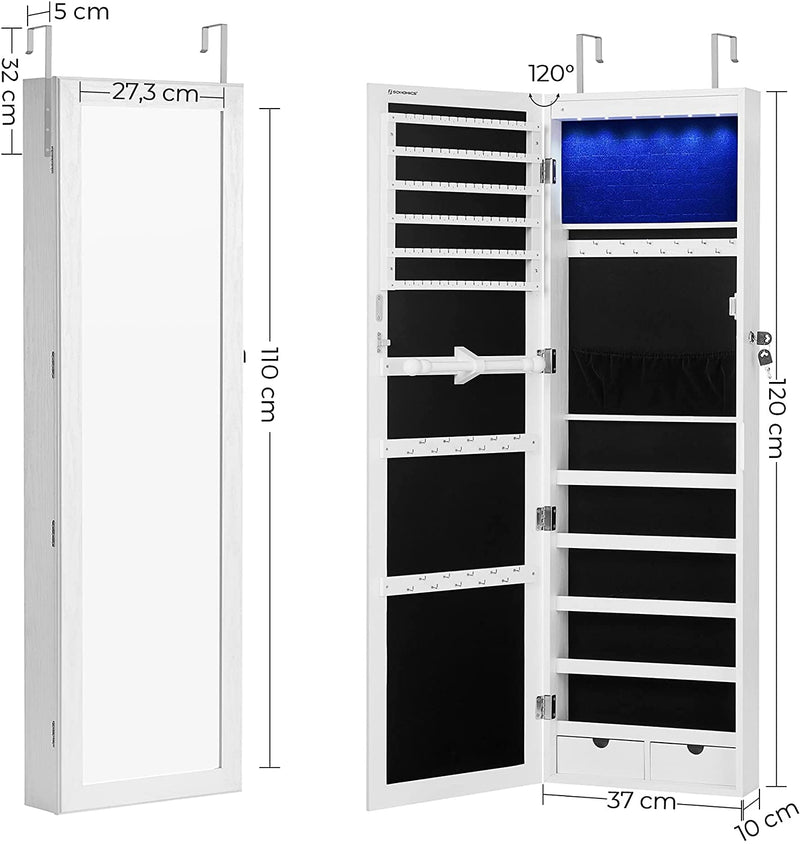 LED lights illuminated on the Jewellery Cabinet Mirror in white, enhancing visibility and adding a luxurious touch.