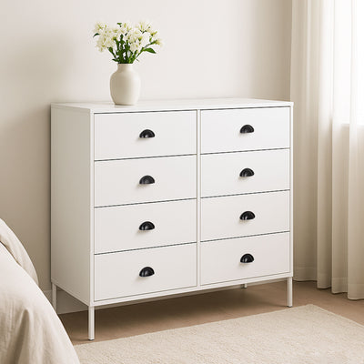 Modern wide dresser with eight drawers, perfect for bedrooms and living spaces across NZ.