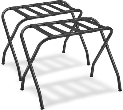 Front view of Luggage Rack Suitcase Stand, set of 2, showing the sleek metal frame and nylon straps