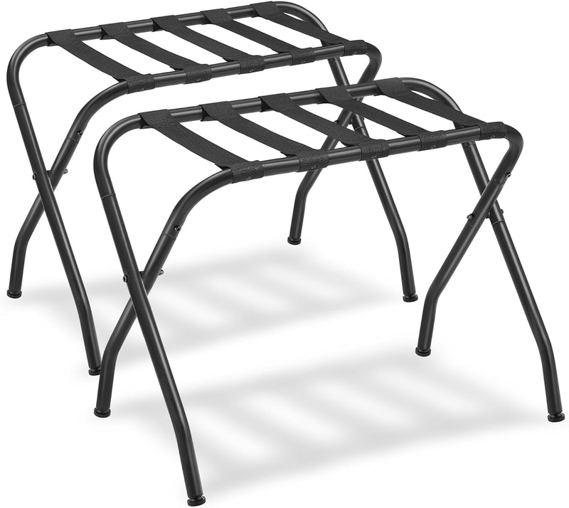 Front view of Luggage Rack Suitcase Stand, set of 2, showing the sleek metal frame and nylon straps