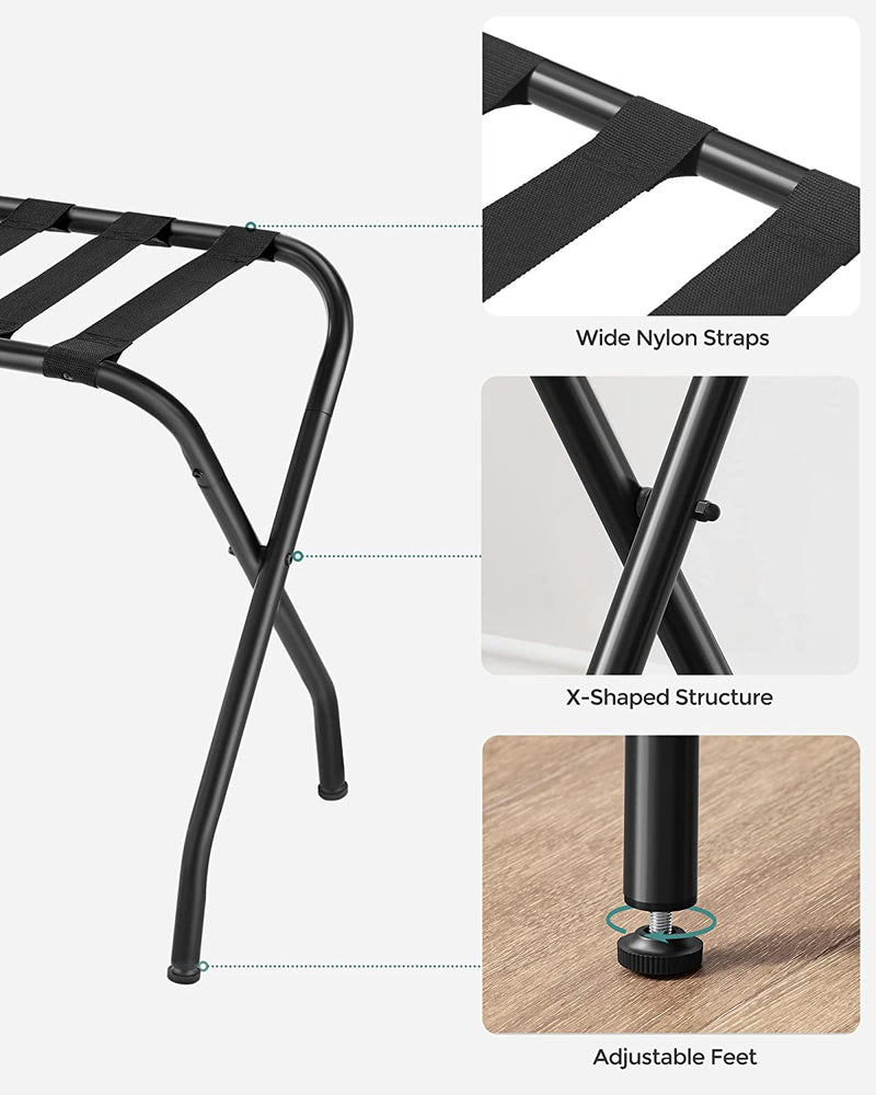 Luggage Rack Suitcase Stand in use, supporting a large suitcase, demonstrating load capacity