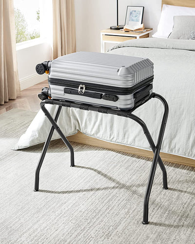 Luggage Rack Suitcase Stand set in open position, ready for use, displaying stability and design