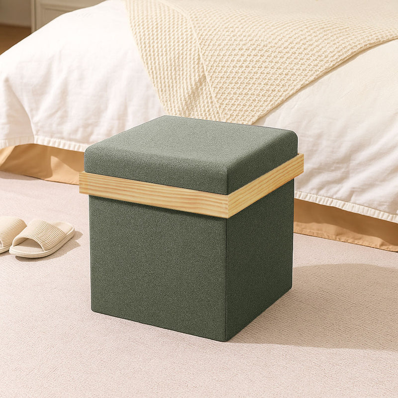 Folding ottoman with tray top in olive green for storage and seating use