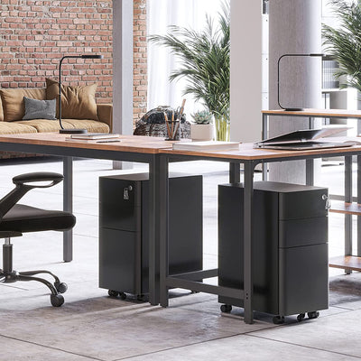 Angled view of the black Office Cabinet, highlighting the sturdy wheels and secure lock system.