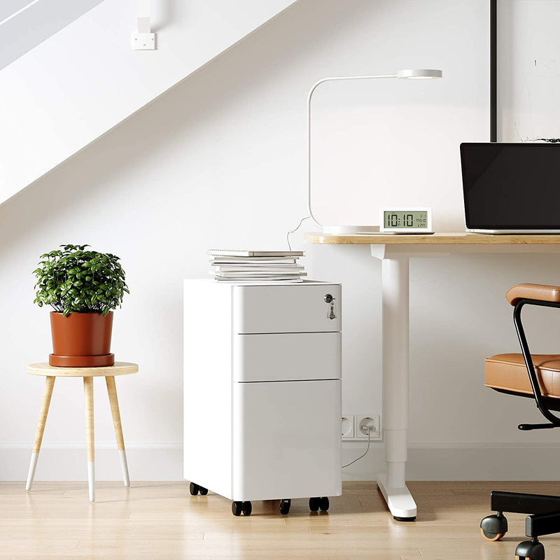 Office Cabinet with Wheels in White with one drawer open, displaying interior compartments