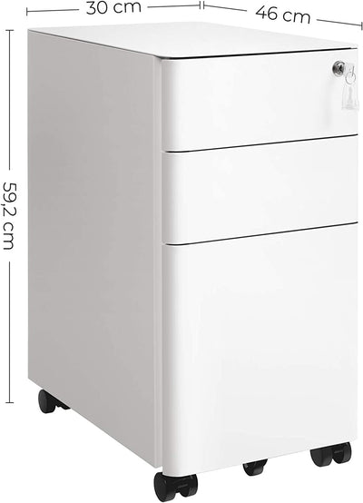 Side view of White Office Cabinet on Wheels, highlighting sleek design and handle