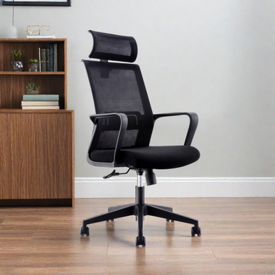 Back view of Black Office Mesh Chair with Head Rest showing mesh back