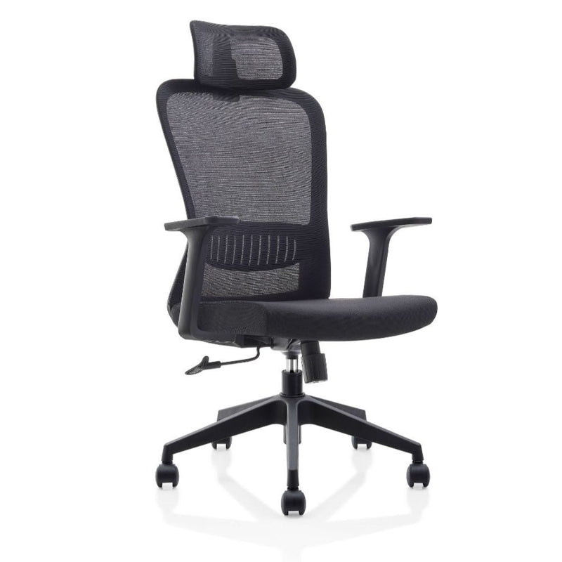 Side view of Black Office Mesh Chair with Head Rest emphasizing ergonomic support