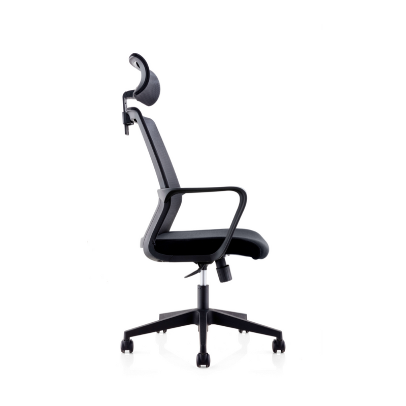 Side view of Black Office Mesh Chair with Head Rest emphasizing ergonomic support