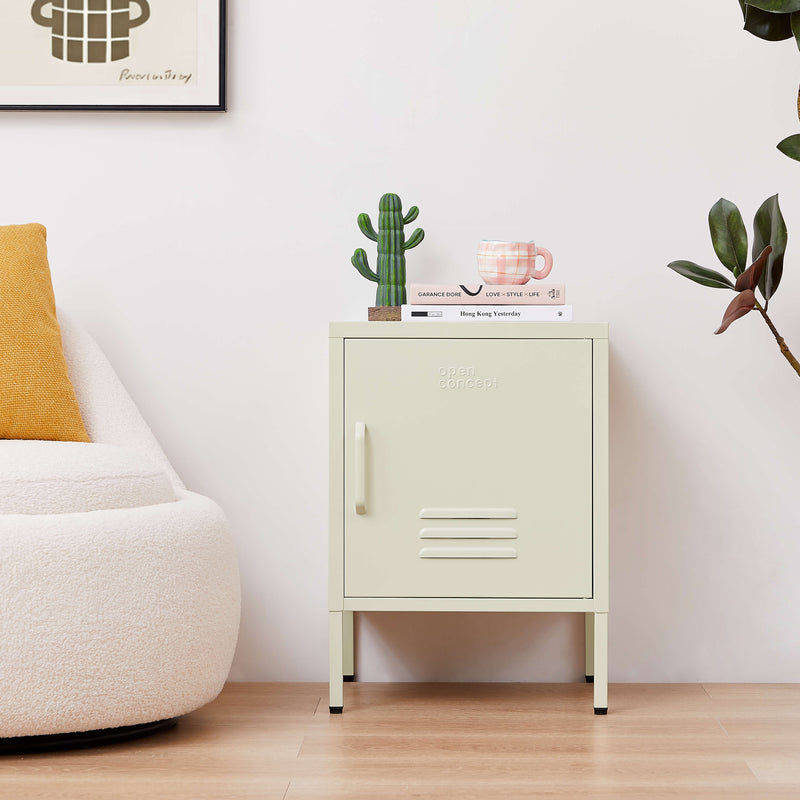 Side view of cream Rainbow Bedside Table Locker showing drawer detail.