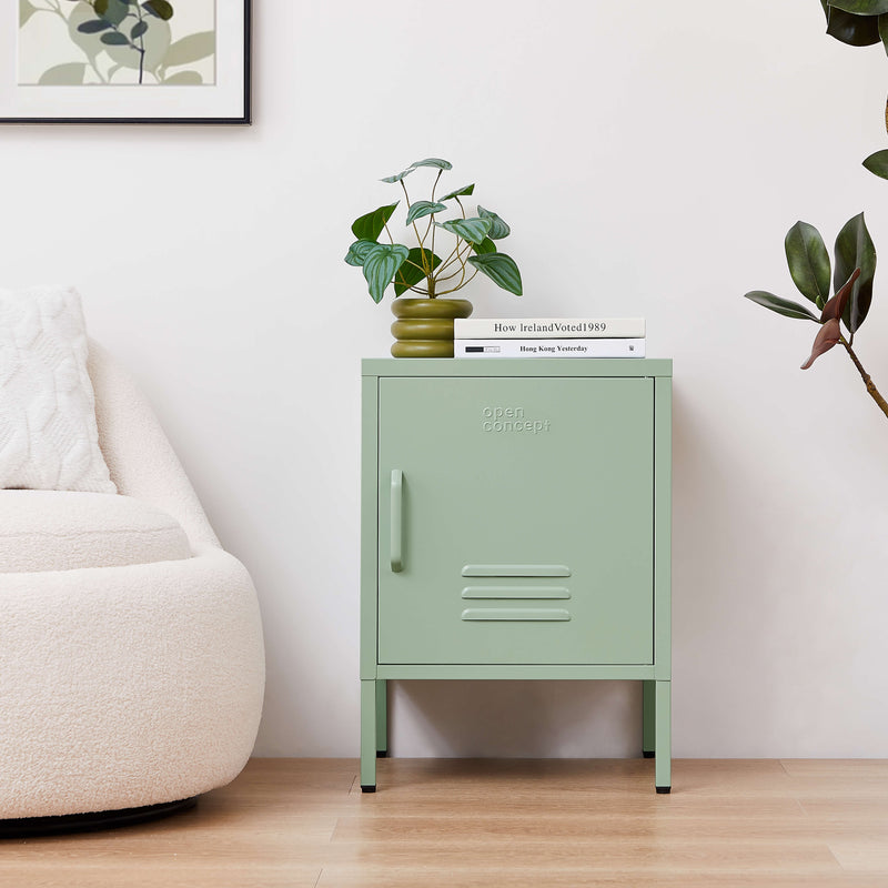 "Open drawer of Green Rainbow Bedside Table Locker showing storage space"