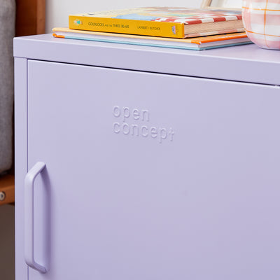 "Close-up detail of the purple finish on Rainbow Bedside Table Locker"