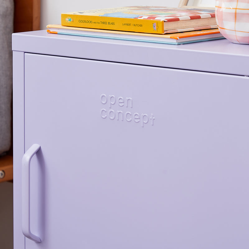 "Close-up detail of the purple finish on Rainbow Bedside Table Locker"