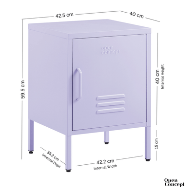 "Dimensional drawing of Purple Rainbow Bedside Table Locker"