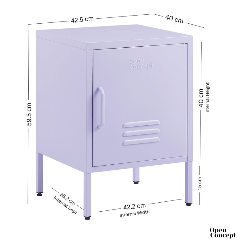 "Dimensional drawing of Purple Rainbow Bedside Table Locker"