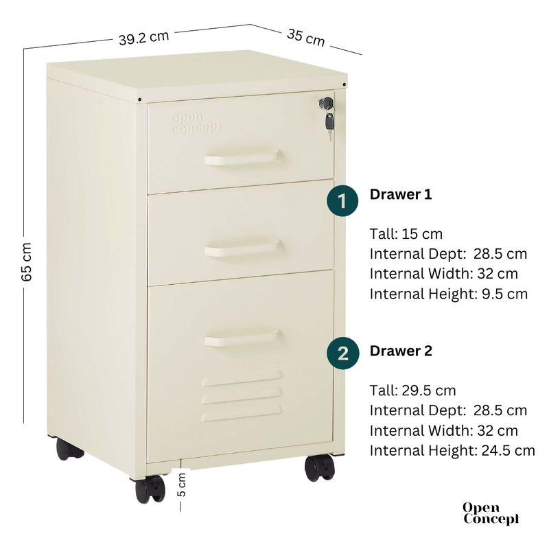 Open drawers of the Rainbow File Storage Mobile Cabinet in cream, revealing internal compartments.